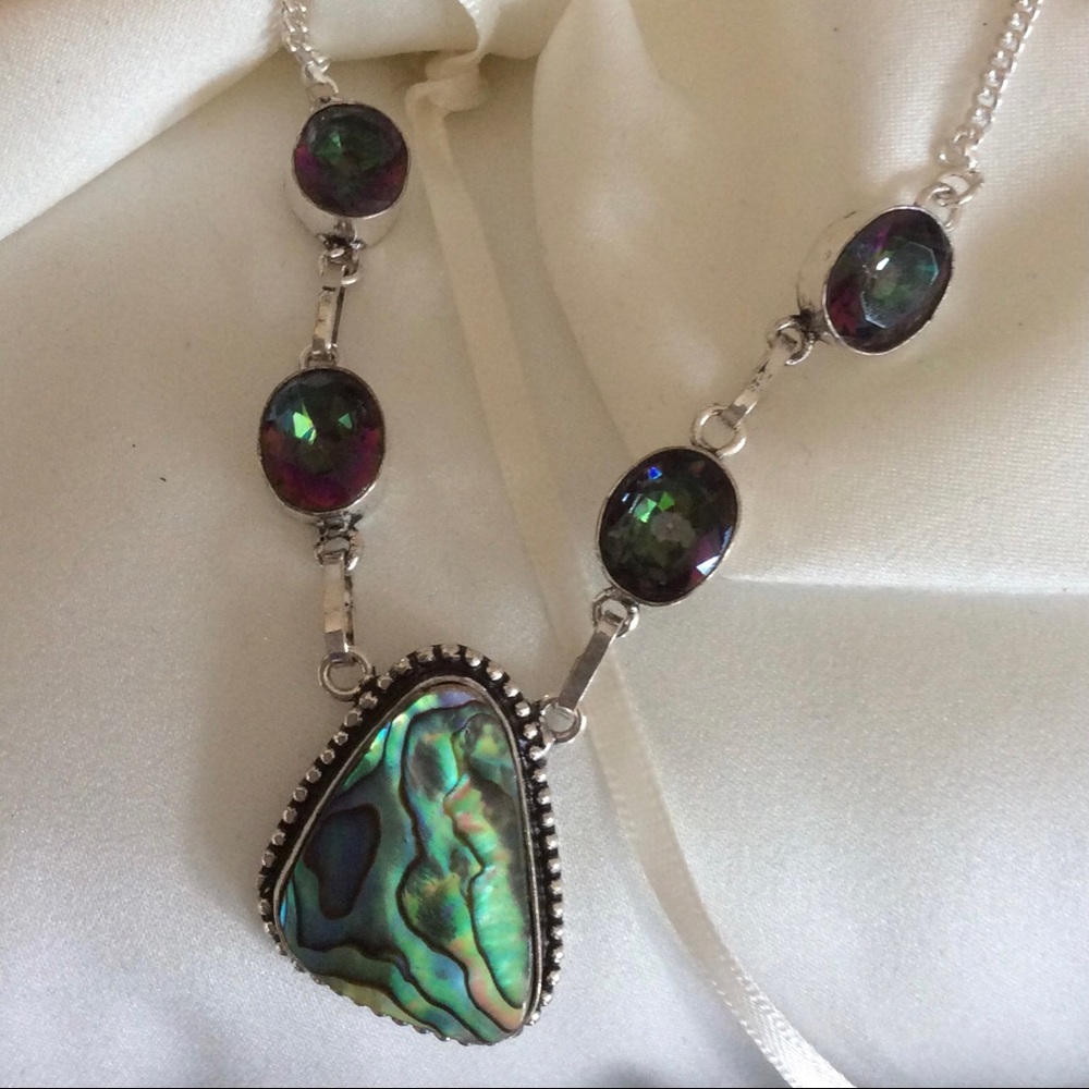 Sterling Silver Mystic Fire Topaz and Abalone Pearl Necklace Choker - Picture 4 of 11